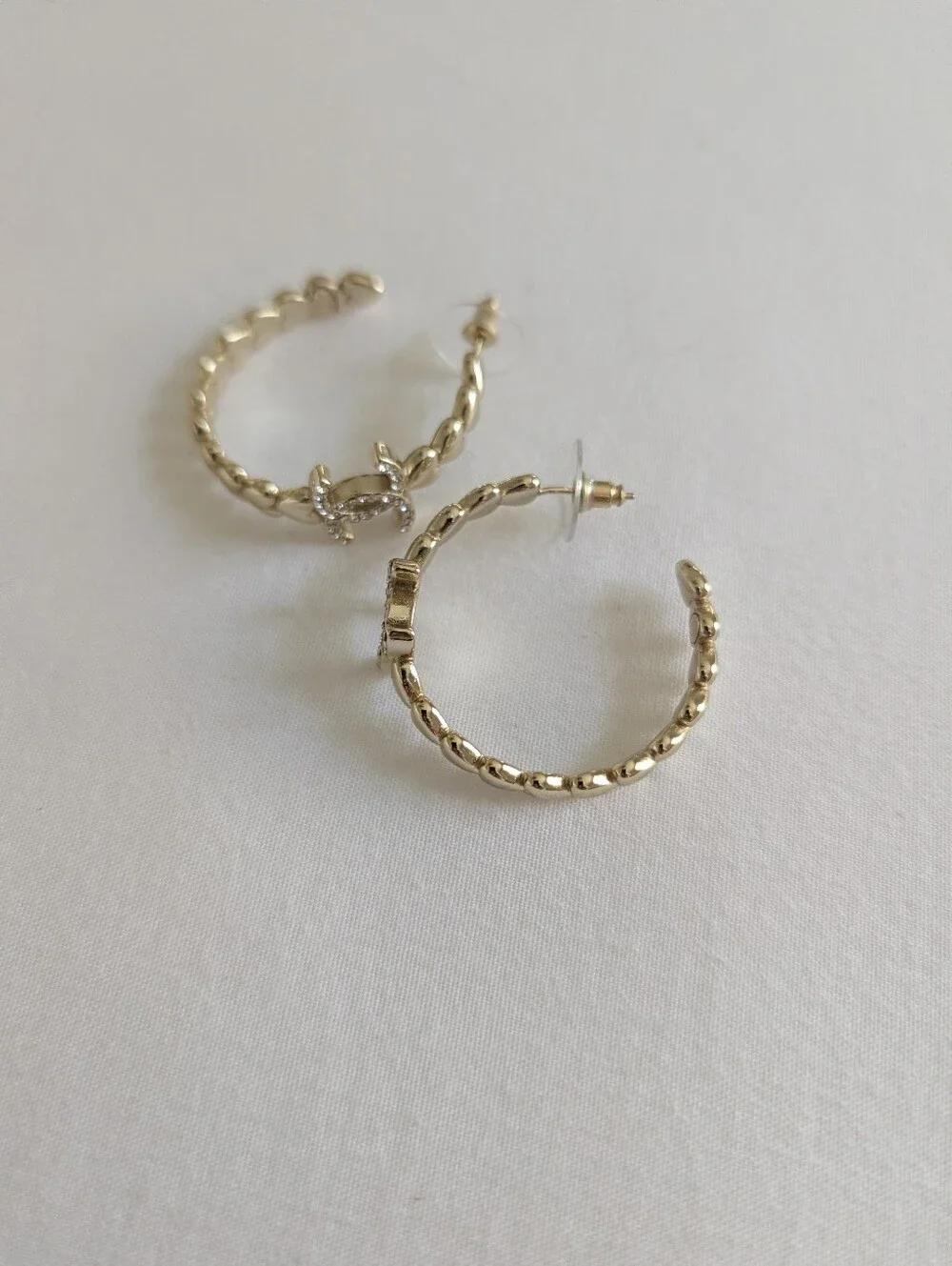 Chanel Gold Textured Bead Hoop Earrings - Women Jewelry